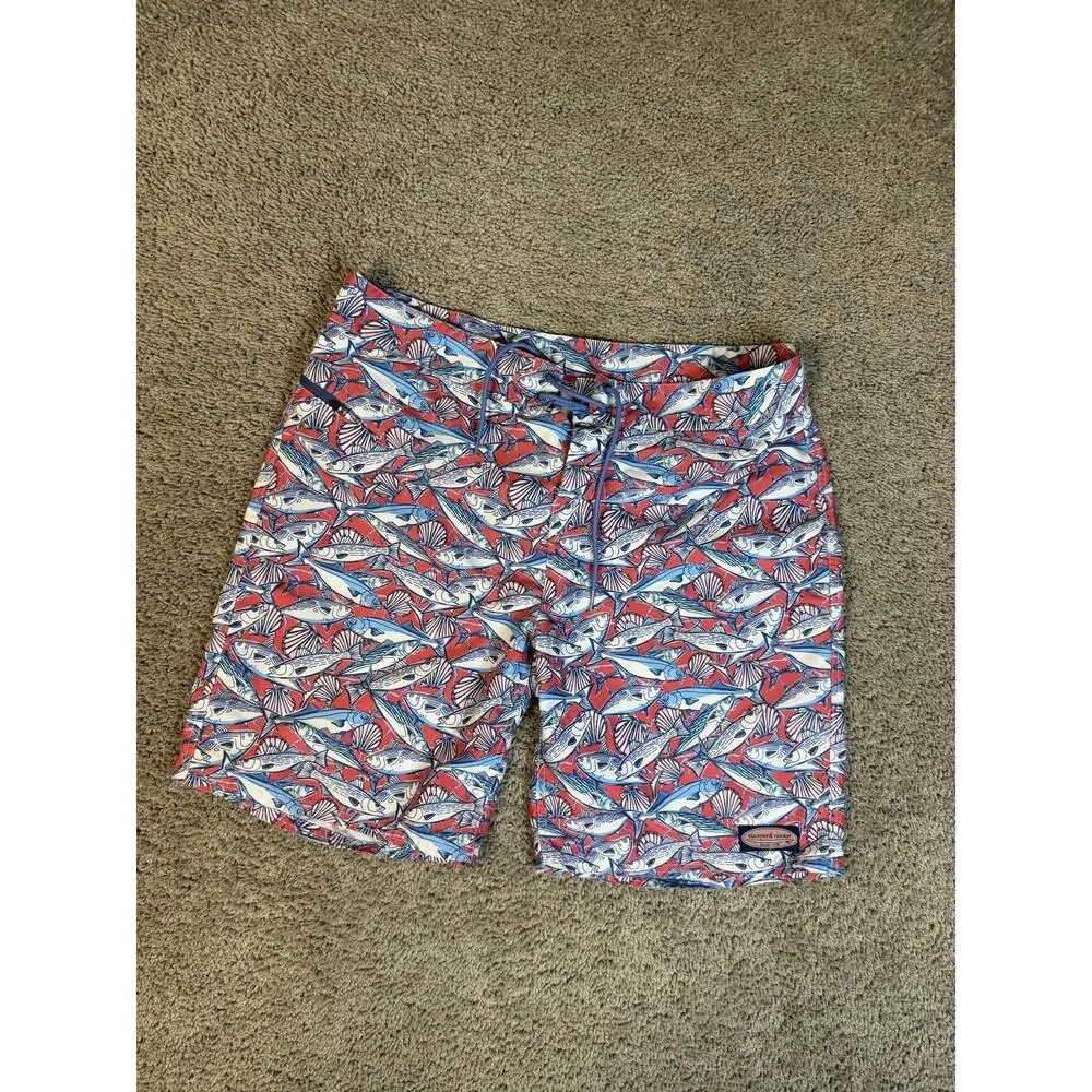 Vineyard Vines Swim Trunks Mens 36 Red Fish Print Lined Shorts Drawstring
